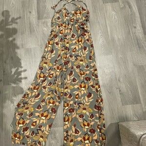 Free People jumpsuit Multicolored Floral Open Back Pocket Wide Leg Boho Size 10